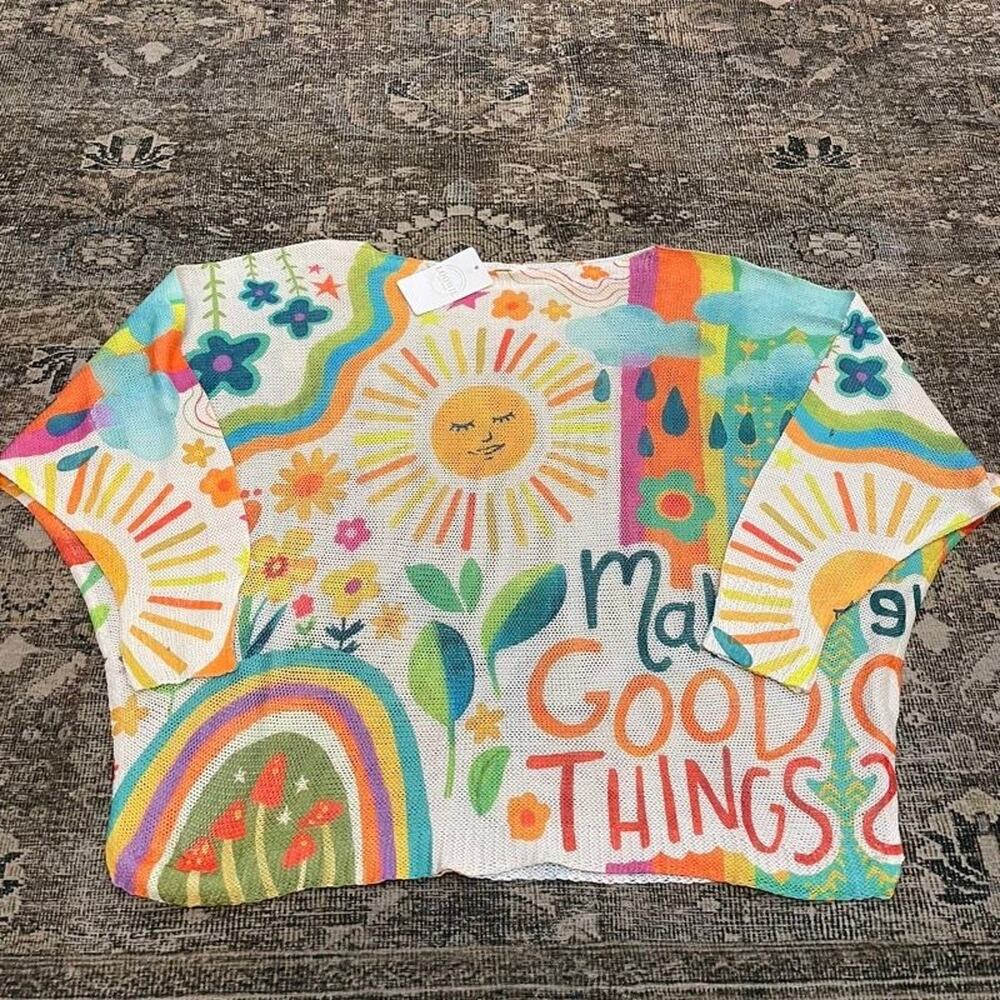 Loowie Eco-Design Knit Sweater Make Good Things Sun Rainbow Boho Colorful NWT
